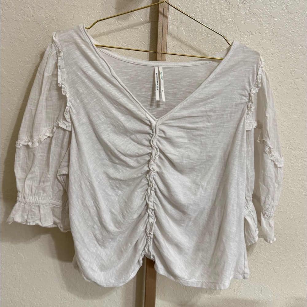 Anthropologie Dreamy Ruched Ruffle White Top Size 1X - Picture 2 of 9